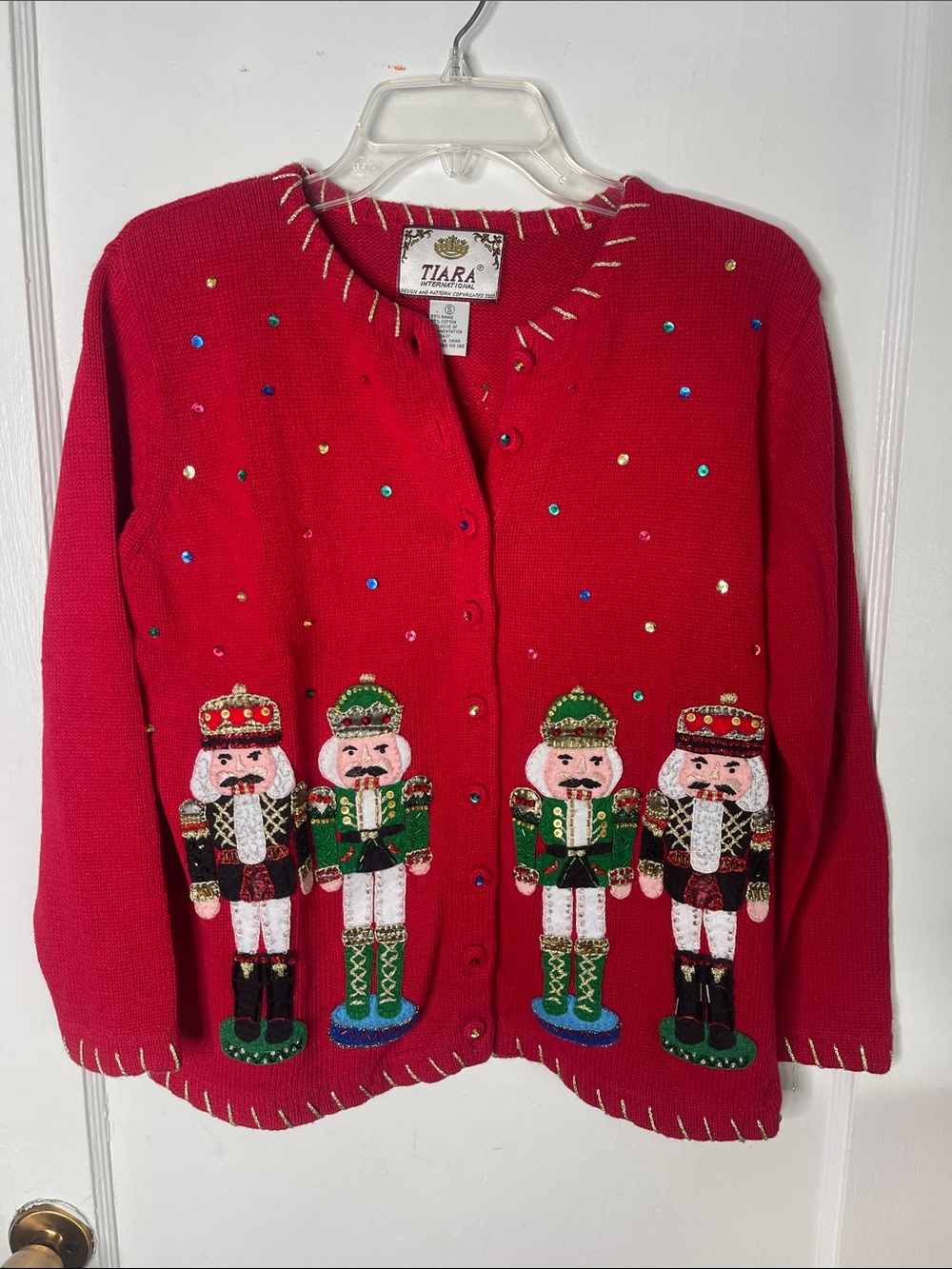 Ugly Christmas Sweater S Nutcracker Cardigan Red Sequin Appliqué 90s Vtg Small